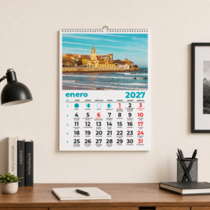 Calendario personalizado con fotos, modelo A3 azul, con fotografía de Gijón, incluye santoral y fases de la luna - estebuste gijon