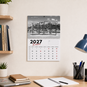 Calendario personalizado con fotos, modelo Wall Book con fotografía de Gijón en blanco y negro - estebuste gijon