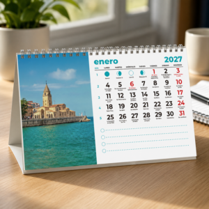 Calendario personalizado con fotos, de peana grande, modelo azul con fotografía de la iglesia de San Pedro de Gijón - estebuste gijon